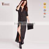Plain Black Long Sleeve Button Deep v Sexy Slim Fit Elegant Long Evening Dress thumbnail-1