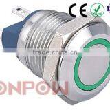ONPOW 12mm Ring Illuminatad Waterproof Stainless Steel Metal Pushbutton Switch 2 Pin Terminals ( GQ12-AF-10E/J/S) CE, RoHS