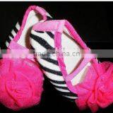 Hot Selling Baby Pink Zebra Baby Shoes With Flower/ Flat Baby Crib Shoes