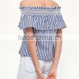 Ladies Smocking Elastic off Shoulder Striped Blouses With Frills Casual Tops thumbnail-3