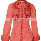 Womens cotton poplin shirt with heavy emboridery,crystal decoration shirt with two chest pockets,roll up the sleeves