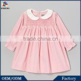 Baby Pink Silk Cotton Peter Pan Neck Long Sleeve Appliqued Toddler Flower Girls Smocked Birthday Party Dresses