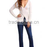 Garment Factory in China Plain V-neck Low Neckline Front Split Long Sleeve Skinny Sweater Women 2016 thumbnail-1