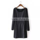 woman clothing round collar PU dress