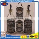 set of glass oil spice jar bottle set with iron holder metal cover