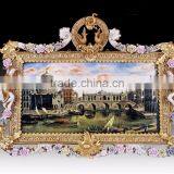 Floral Ceramic and Gold Plated Copper Mounted Framed Wall Hanging Art Fresco, Wall Mural thumbnail-2