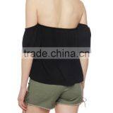 Women T-Shirts, Clothing Women, Black Off the Shoulder Crinkle Knit Top thumbnail-3
