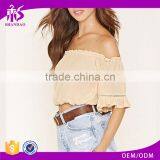 2016 Hot Sale Plain Dyed Cotton Summer Fashion off Shoulder Long Sleeve Lady Pants and Blouse thumbnail-1