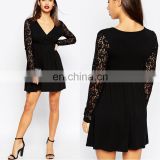 Design Black Wrap Front Petite Dress with Lace Sleeves Women Mini Party Dress