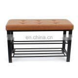 Customized Modern and Practical Metal Fabric Shoe Stool Shelves Storage Bench With Buttons for Living Room thumbnail-1