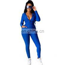 Wholesale Solid Color Hooded Tops and Pants Two Piece Set With Zipper Fall Winter Women's Tracksuit in Multi Colour thumbnail-2