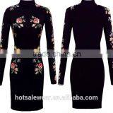 2016 Autumn New Arrival 3D Floral Print Stand Collar Bodycon Dresses Black Long Sleeve Midi Dresses OXL141117 thumbnail-2