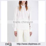 Wholesale Women Fashion Band Collar Long Sleeves White Pleated Silk Crepe De Chine Blouse(DQE0156T) thumbnail-1