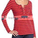 Womens Striped Long Sleeve t Shirt With Ruffled Placket thumbnail-1