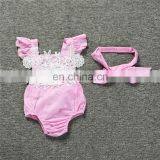 Newly Baby Girl Pink Lace Flower Romper Jumpsuit 2 Pieces Set Bow Hair Band Rompers Baby Suit thumbnail-3