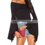 100% Rayon Solid Color Black Bell Sleeve off Shoulder Bardot Top thumbnail-6