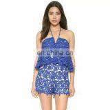 Blue Hollow Lace Fashionable Sleeveless Tops With Shorts 2 Pcs Sets Women Dress thumbnail-1