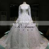 Latest Custom Made Long Sleeve Long Train Handmade Crystals Pearls Lace Heavy Beading Ball Gown Wedding Dress Tiamero 1A778