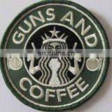 Trade Assurance Professionally Custom GUNS and COFFEE Merrowed/overlock Embroidery Patch, Velc Backing Embroidered Badge