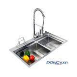 Guangdong Dongyuan Kitchenware 850×500×220mm POSCO SUS304 Stainless Steel Double Bowl Handmade Dual Mount Kitchen Sink (DY-HA605-855022-R10)