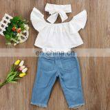 Plain White Fly Sleeve Top Matching Denim Pants 2pcs Girls Suit Factory Direct Sale thumbnail-2