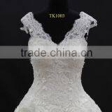 Cream Nice Design Embroidery Lace Appliques Cap Sleeve Long Train Wedding Dress thumbnail-2