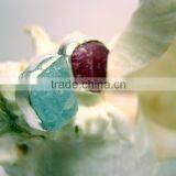 Ruby & Aquamarine Rough Natural Gemstones Rings, Matt Finish Adjustable Rings, 925 Solid Sterling Silver Rings thumbnail-3