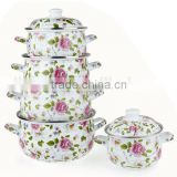 Traditional Pink Flower Green Leaf Decal Full Color Enamel Cooking Pot set 5 pcs enamel Cesserole