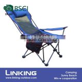 dark blue mesh reclining chair with magazine bag