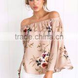 Bell Sleeve Floral Print Woman Tops and Blouses Latest Design off Shoulder Women Tops thumbnail-2