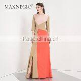 Latest Design Fashion Contrast Color Ladies High Quality Elegant Long Sleeve and Maxi Evening Dress 2016 thumbnail-2