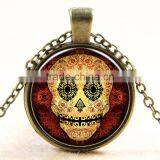 XP-TGN-S-134 Cheapest Price Round Glass Cabochon Pendant Dome Mandala Skull Time Gemstone Necklace For Gift
