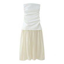 Spring and Summer New Female Actress Elegant Style off Shoulder Straight Neck Contrasting Patchwork Strapless Dress thumbnail-3