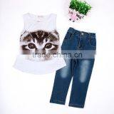 Hot Sale 2016 European Modeling Summer Girl Cloth Set Sleeveless Cat Printed Shirt + Denim Jeans 2pcs Cloth Set thumbnail-3