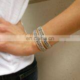 Handmade Beaded Wrap Bracelet Features 3 Rows of Circular and Square Stones Surrounded by a Natural Colored Cord on Both Sides thumbnail-3