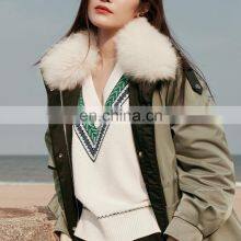 Women Casual V Neck Fashion Design Jacquard Knit Loose Cashmere Sweater thumbnail-1