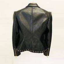 Fashion New Arrival V-neck Corns Metal Leather Jacket Tight Black Zipper Short Women's Clothing thumbnail-4