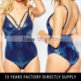 Metallic Foil Snake Print Lattice Women Bodysuit thumbnail-1