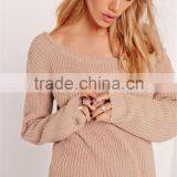 MGOO New Branding Women Oversized Loose Plain Sexy Off Shoulder Longline Knitted Jumper Camel Knitwear Private Label thumbnail-3