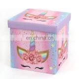 RTS Faux Linen Cartoon Printing Polyester Folding Stool for Kids Storage Ottoman Easy Carry Chair in Living Room Pink Unicorn thumbnail-2