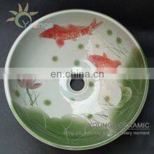 Art Chinese Hand Painted Fish Lotus Porcelain Custom Bathroom Wash Basin For Hotel /Bar
