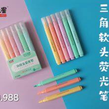 Factory Price 6 Color Pastel Color Fluorescent Soft Fiber Tip Highlighter Triangle Shape Barrel Marker Watercolor Pen thumbnail-4