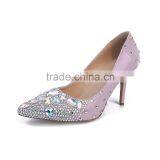 China Wholesale Beige Rubber Sole 6CM Heels Shoes, Pink Patent Leather Low Heel Crystal Wedding Shoes thumbnail-5