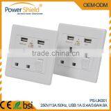 New Type G Euro / United Kingdom Electrical Wall Outlets With Dual 2 x USB Ports Wall Mount Socket With Switch 230V 13A CE BSi