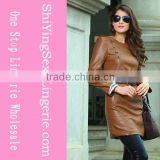 Khaki Stylish Neutral Leather Fashion Coat