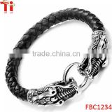 Leather Mens Bracelet 8 Inches with Locking Stainless Steel Dragon Head Clasp, Black Silver