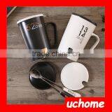 UCHOME Black And White Ceramic Couple Milk Mug Cups With Lid And Spoon thumbnail-2