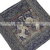 Elephant Accent Pillow - Navy Blue Zari Brocade Sari Sequin Cushion Cover 16"