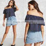 Hot Sale Fashion Short Sleeve Summer Casual off Shoulder Striped Sexy Women Blouse thumbnail-1
