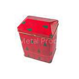 Red Printed Empty Gift Tins With Cover , House-Shaped Tin Jar